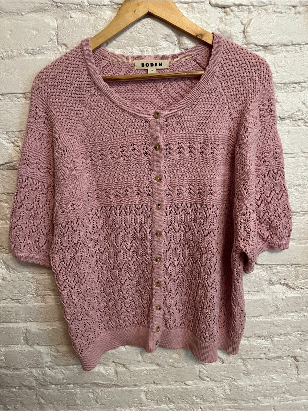 Boden Mauve Pink Openwork Button-Front Short Sleeve Cardigan - Picture 4 of 6
